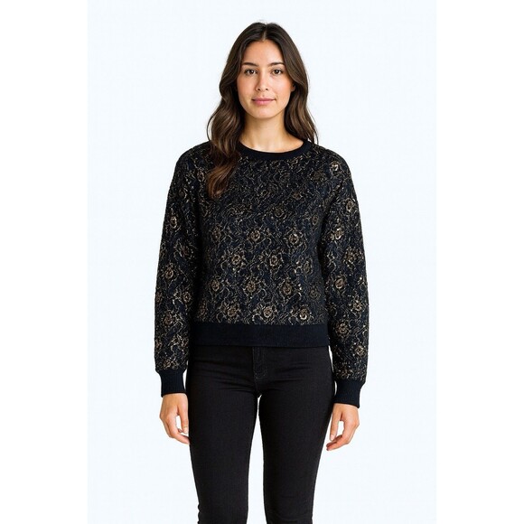 Destinee Womens S 70s Lambswool Sweater Black Gold Metallic Floral Lace Vintage - Picture 3 of 16